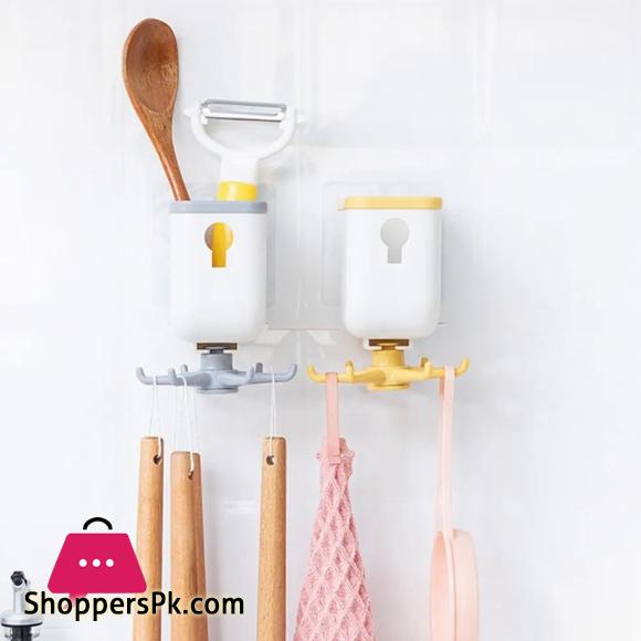 Wall-Mounted Self Adhesive Storage Holder With 360 Degree Rotating Hooks Hanger Bathroom Utensils Kitchen Organizer Storage Box Wall Hook Kitchenware Storage Rack