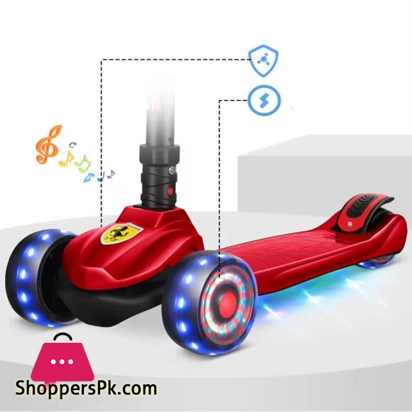 Ferrari Scooty For Kids 3 Wheel Foldable Adjustable Scooter With LED Lights Ferrari Kickboard Heavy Duty For 3to12 Years Kids