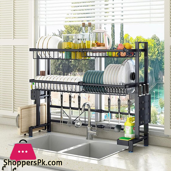 Over The Sink Adjustable Dish Drying Rack Drainer for Kitchen Organization Storage Space Saver Shelf Holder with 6 Utility Hooks Dish Rack Over 85CM