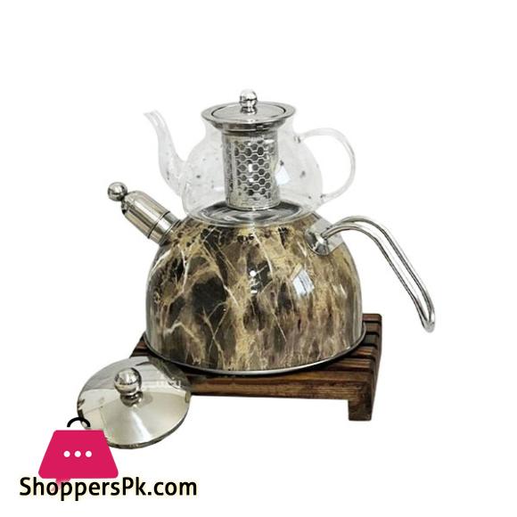 2 Layer Glass Tea Pot Set marble Design BJS1107-31