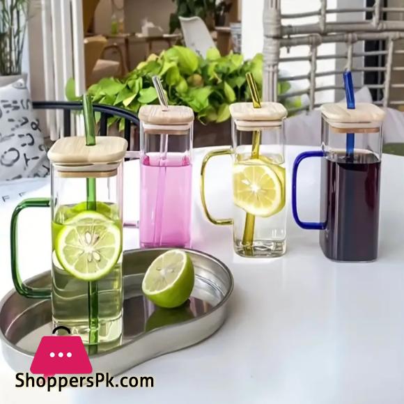 2 Pcs Square Glass Straw Mug Cup with Stylish Color Handle Straw and Bamboo Lid for Hot & Cold Drinks