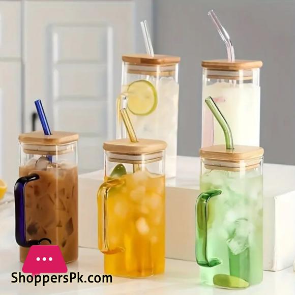 2 Pcs Square Glass Straw Mug Cup with Stylish Color Handle Straw and Bamboo Lid for Hot & Cold Drinks