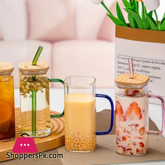 2 Pcs Square Glass Straw Mug Cup with Stylish Color Handle Straw and Bamboo Lid for Hot & Cold Drinks