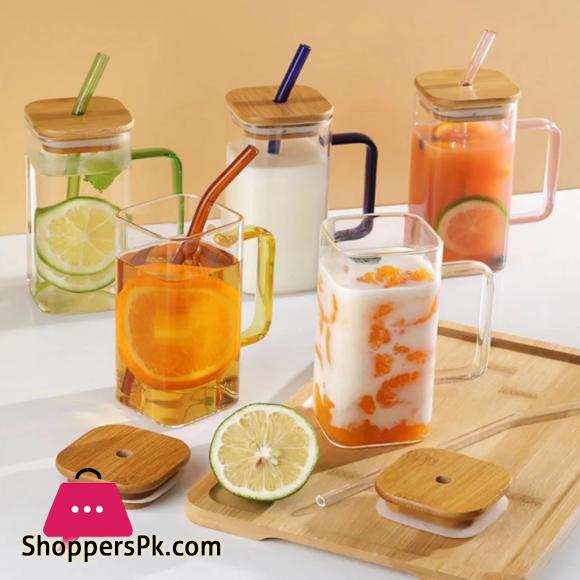 2 Pcs Square Glass Straw Mug Cup with Stylish Color Handle Straw and Bamboo Lid for Hot & Cold Drinks