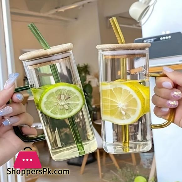 2 Pcs Square Glass Straw Mug Cup with Stylish Color Handle Straw and Bamboo Lid for Hot & Cold Drinks