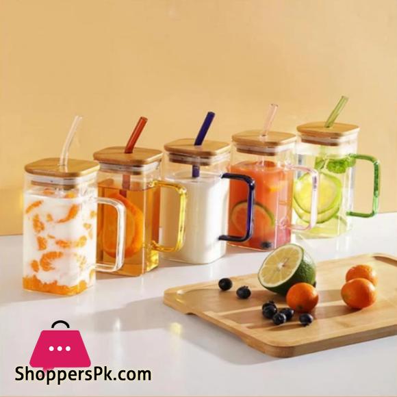 2 Pcs Square Glass Straw Mug Cup with Stylish Color Handle Straw and Bamboo Lid for Hot & Cold Drinks