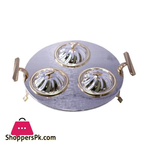 3 Section Dry Fruit / Candy Serving Set Full Silver With Golden Handle HT210750