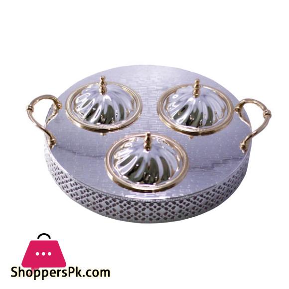 3 Section Dry Fruit Candy Sweet Serving Set Full Silver With Golden Handle HT210748