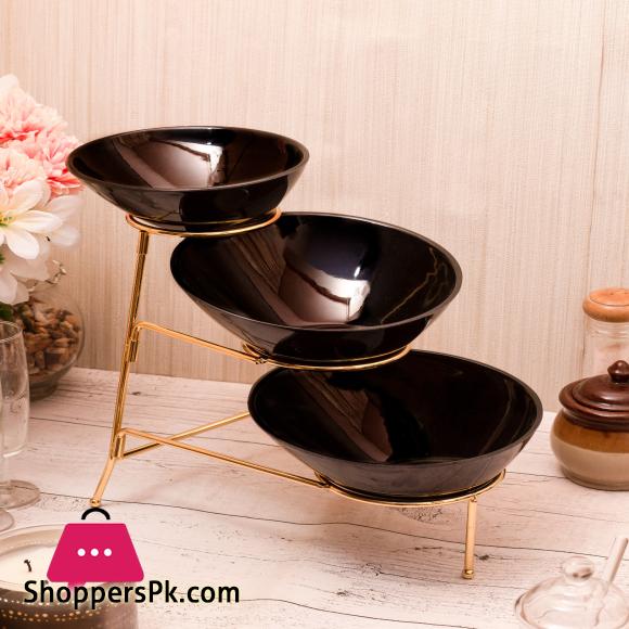 KING 3Pcs Melamine Black Alpine Serving Bowls Set With Golden Stand KT12