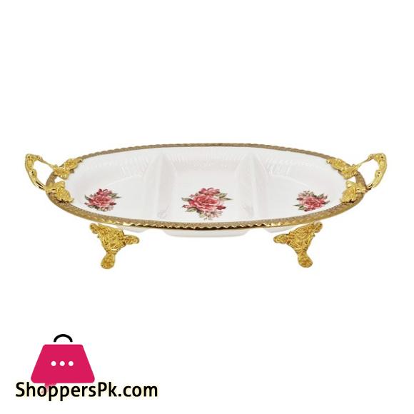 Angela 3 Section Rose Print Serving Dish Gold 36x22CM AB-03