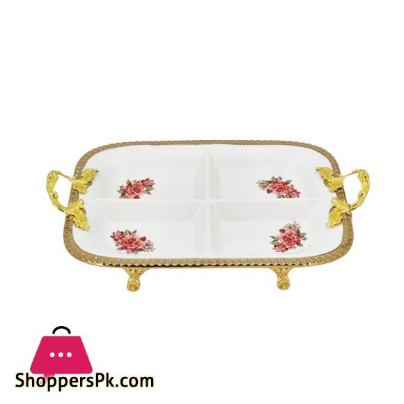 Angela 4 Section Rose Print Serving Dish Gold 34x24CM AB-05