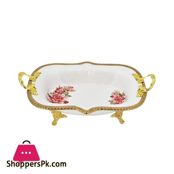 Angela Rectangular Rose Print Serving Dish Gold 33x25CM AB-13