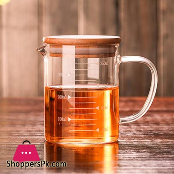 Borosilicate Measuring Glass Jug with Handle & Wooden Lid 350ML
