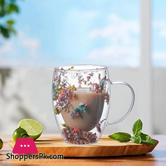 Flower Double Wall Coffee Cup Double Wall Insulated Glasses Classic with Handle Milk Mug Decor and Functional Mugs