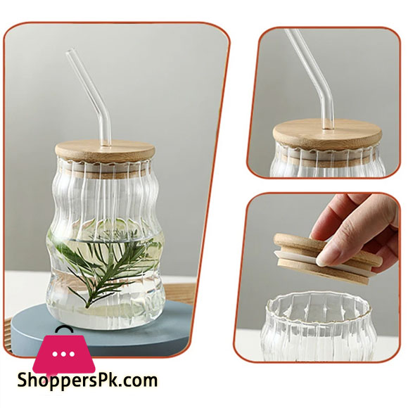 Jar Shaped Glass Drinking Cup with Lid and Straw Juice Glass Milk Cup Home Coffee Cup Breakfast Mug Beverage Container 500ml