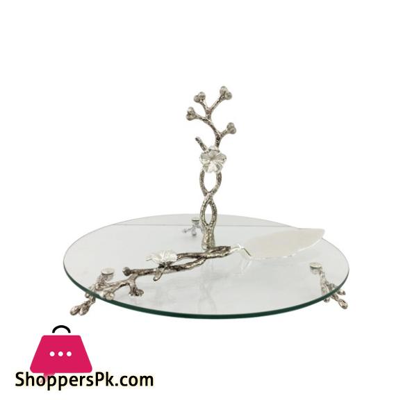 ORCHID 1-Tier Glass Cake Plate & Cake Slice Lifter 2Pcs Set Silver CD6878
