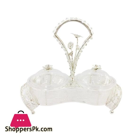 ORCHID 2 Compartment Snack Serving Bowl Stand Silver TA2679