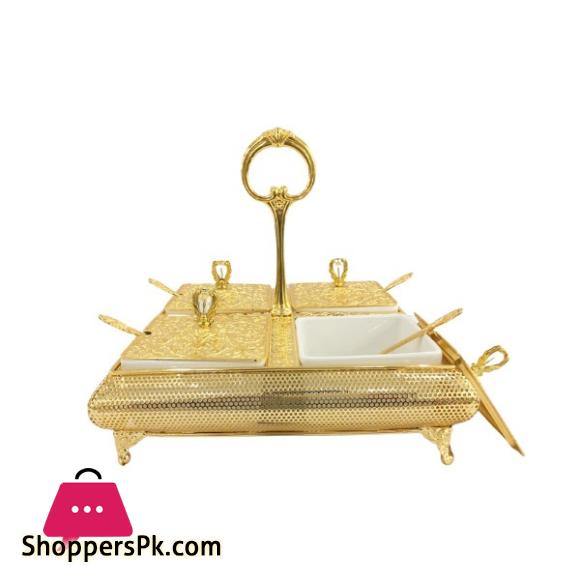 ORCHID 4 Compartment Dry Fruit Serving Tray With Stand & Lid & Spoons Gold TA2548