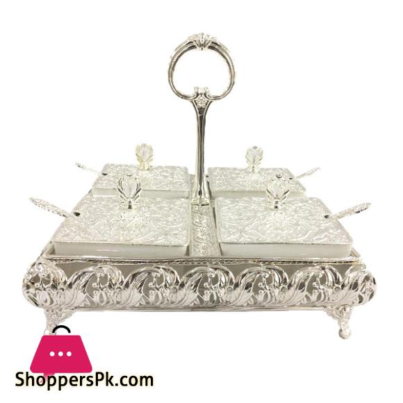 ORCHID 4 Compartment Dry Fruit Serving Tray With Stand & Lid & Spoons Silver TA2535