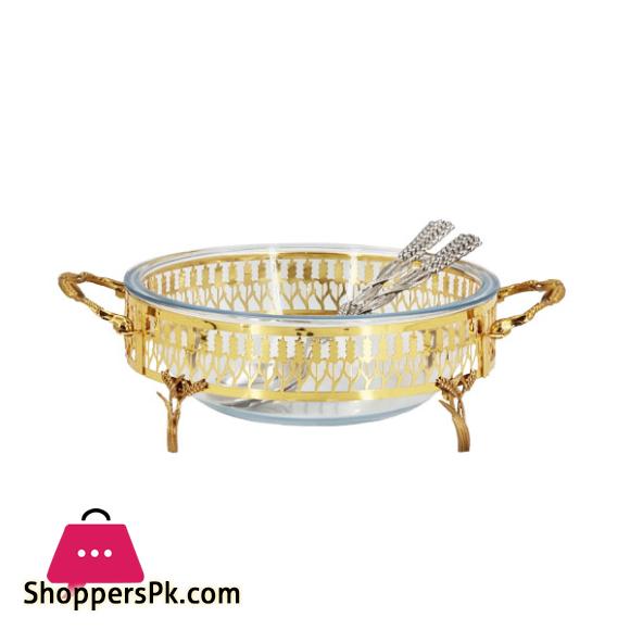 ORCHID Glass Salad Serving Bowl With 2 Spoons Set Of 3Pcs Gold CD6686