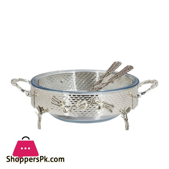 ORCHID Glass Salad Serving Bowl With 2 Spoons Set Of 3Pcs With Stainless Steel Holder Silver CD6696