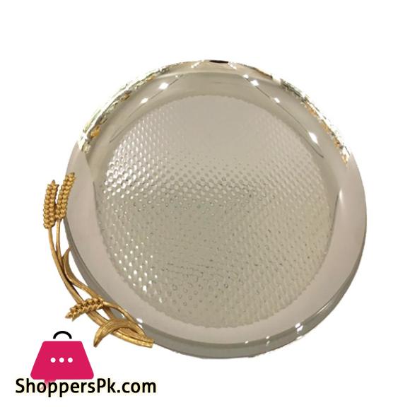 ORCHID Round Silver Serving Tray With Wheat Design Golden Handle 35CM CD6719