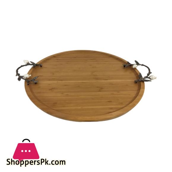 ORCHID Round Wooden Tray With Silver Handles Medium WB1061