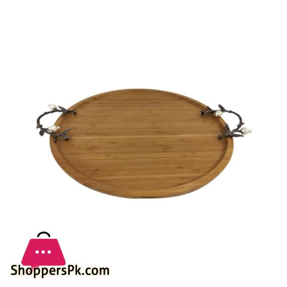 ORCHID Round Wooden Tray With Silver Handles Small WB1060