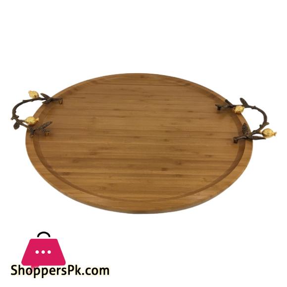 ORCHID Round Wooden Tray With Golden Handles Large WB1065
