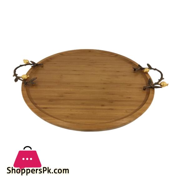 ORCHID Round Wooden Tray With Golden Handles Medium WB1064
