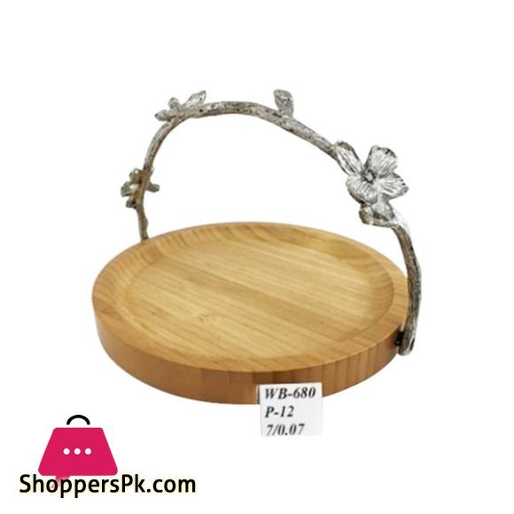 ORCHID Wooden Round Serving Basket With Silver Handle 20cm WB680N