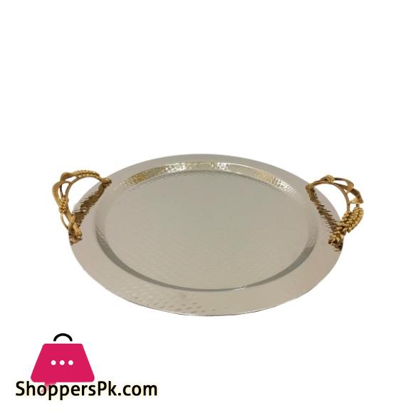 Orchid Round Serving Tray With Handle Silver 37CM 1Pcs CD6705