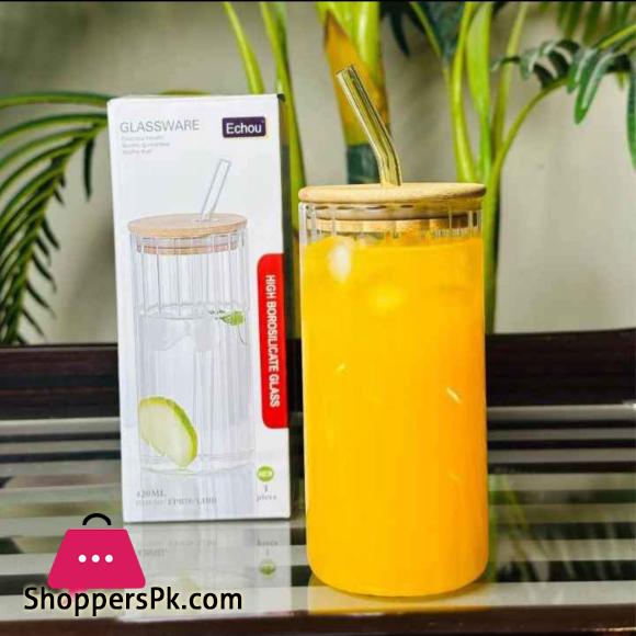 Round & Square Ribbed Juice Glass with Straw Lid 420Ml