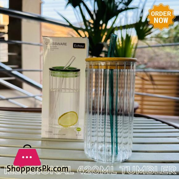 Round & Square Ribbed Juice Glass with Straw Lid 420Ml