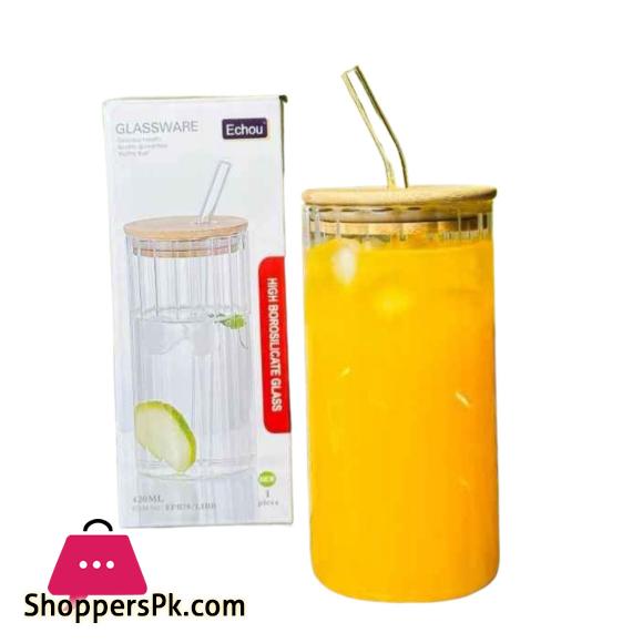 Round & Square Ribbed Juice Glass with Straw Lid 420Ml