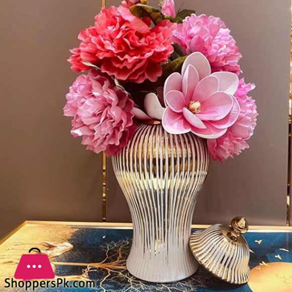 Regale White Vase or Ginger Jar with Gold or Silver Detail - Gold Finish (Set of 2)