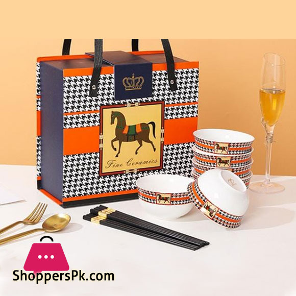 Horse Motif Luxurious Ceramic Bowl with Chopsticks Gift Box