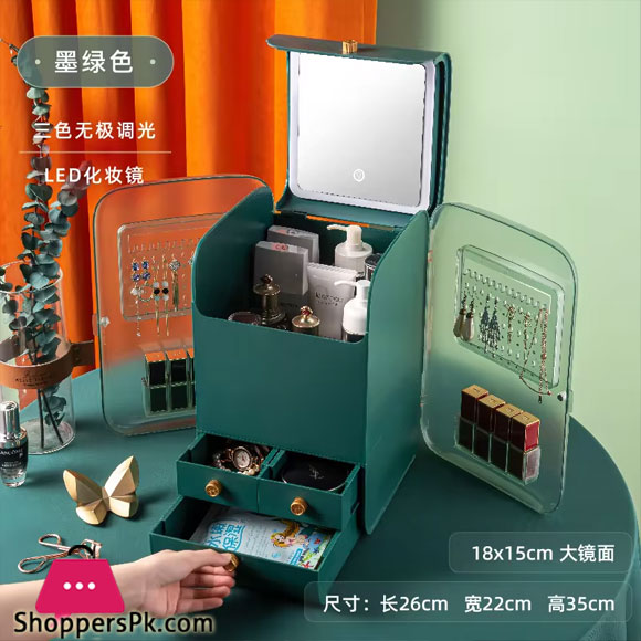 New Makeup Organizer Cosmetic Container Dust Belt LED Mirror Lipstick Necklace Jewelry Storage Dresser Shelf Makeup Box