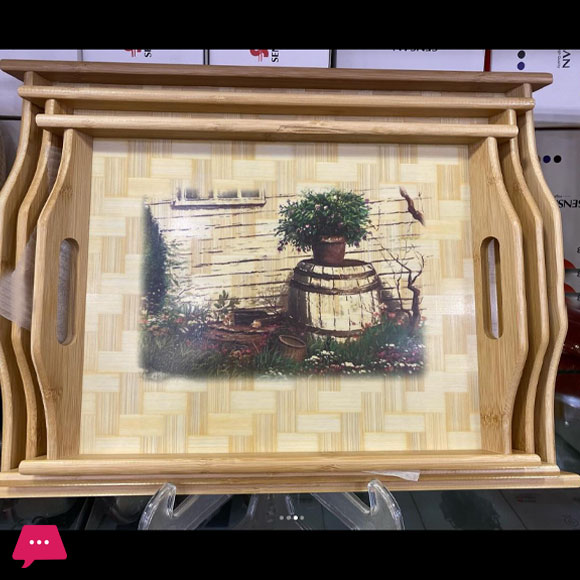 Wooden Bamboo Serving Tray With Handles & Printed Design 3Pcs Set