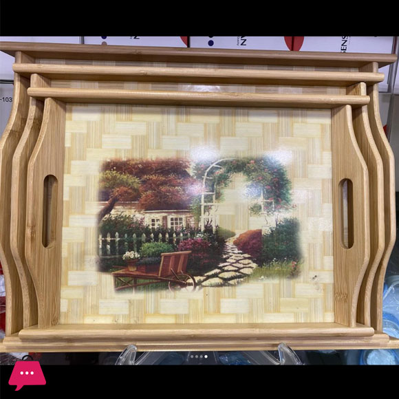 Wooden Bamboo Serving Tray With Handles & Printed Design 3Pcs Set