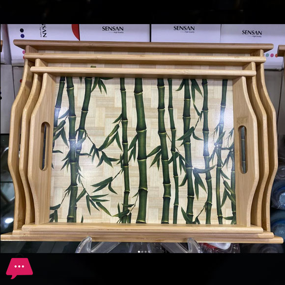 Wooden Bamboo Serving Tray With Handles & Printed Design 3Pcs Set