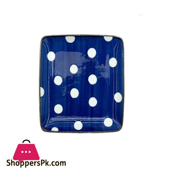Danny Home White Dot Design Blue Square Dinner Plate - 10Inch