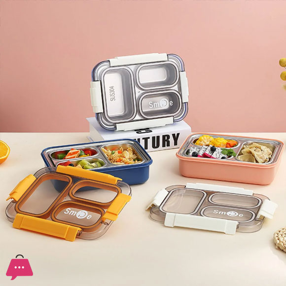Stainless Steel 3 Compartment Lunch Box with Spoon & fork Secure Lock & Leak-Proof