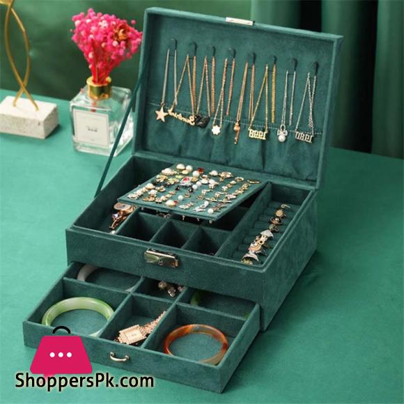 New Jewelry Box Green Stud Organizer Large Ring Necklace Makeup Holder Velvet Jewelry Cases With Lock For Women Gifts