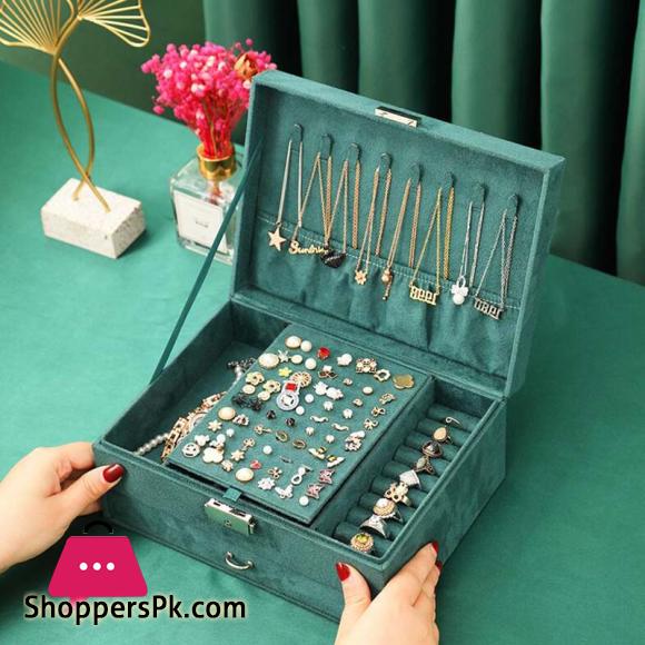 New Jewelry Box Green Stud Organizer Large Ring Necklace Makeup Holder Velvet Jewelry Cases With Lock For Women Gifts