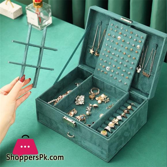 New Jewelry Box Green Stud Organizer Large Ring Necklace Makeup Holder Velvet Jewelry Cases With Lock For Women Gifts