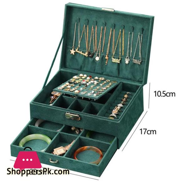 New Jewelry Box Green Stud Organizer Large Ring Necklace Makeup Holder Velvet Jewelry Cases With Lock For Women Gifts