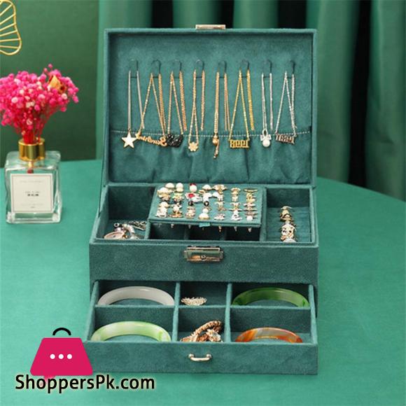 New Jewelry Box Green Stud Organizer Large Ring Necklace Makeup Holder Velvet Jewelry Cases With Lock For Women Gifts