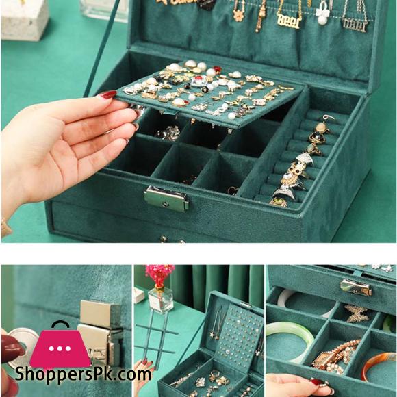 New Jewelry Box Green Stud Organizer Large Ring Necklace Makeup Holder Velvet Jewelry Cases With Lock For Women Gifts