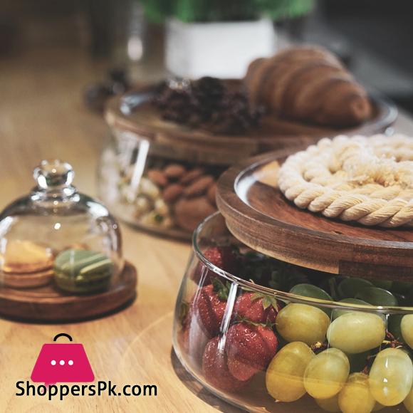 Transparent Glass Stylish Borosilicate Fruit Bowl with Real Bamboo Top - 7.9inch